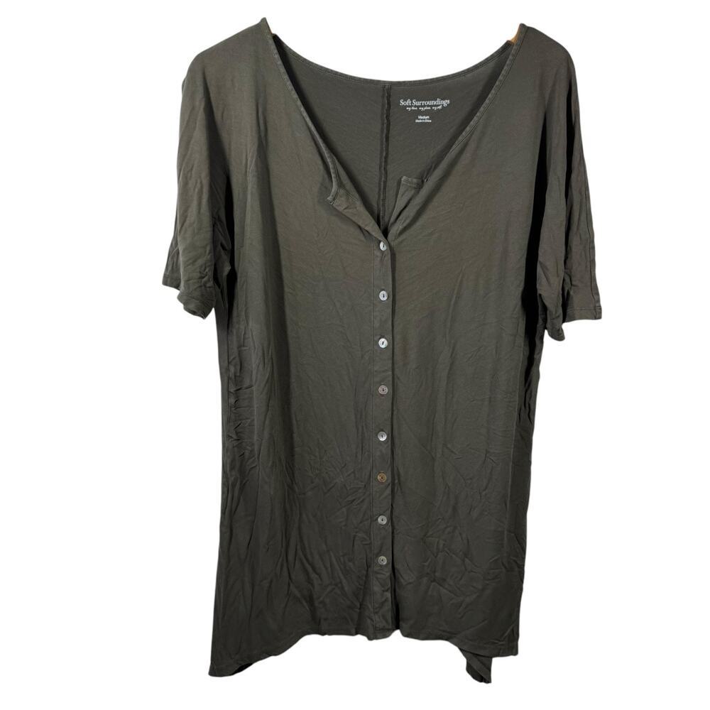 Soft Surroundings Top Women M Stretchy Button Up Tunic Shirt Olive Green Casual